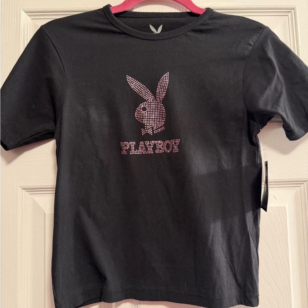 NWT PLAYBOY Black Cropped Tee with Pink Rhinestone Logo